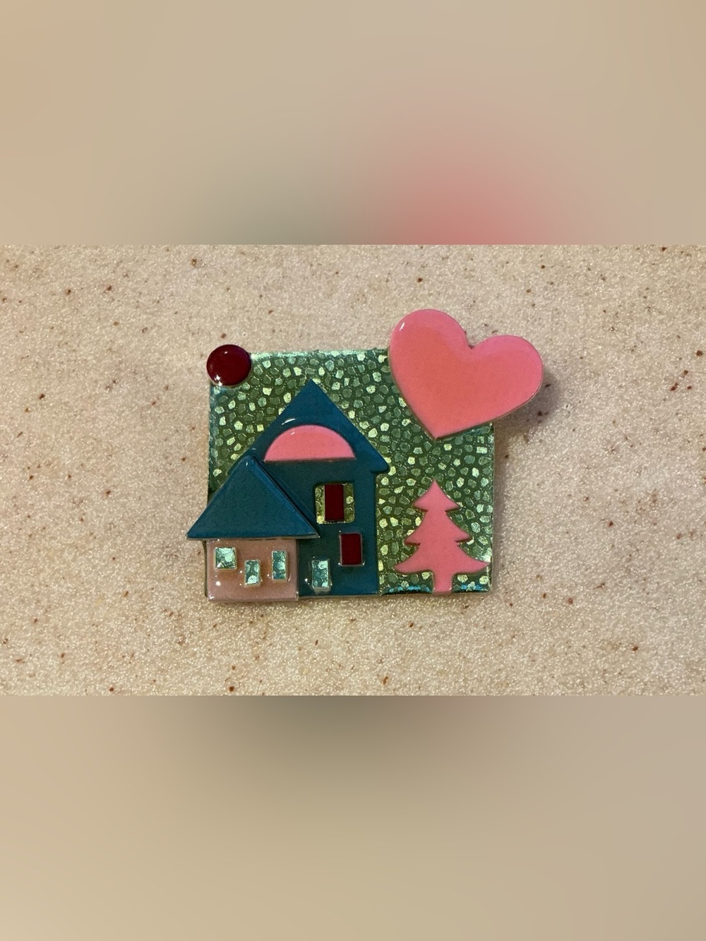 Pink Heart & Green Holiday House Brooch